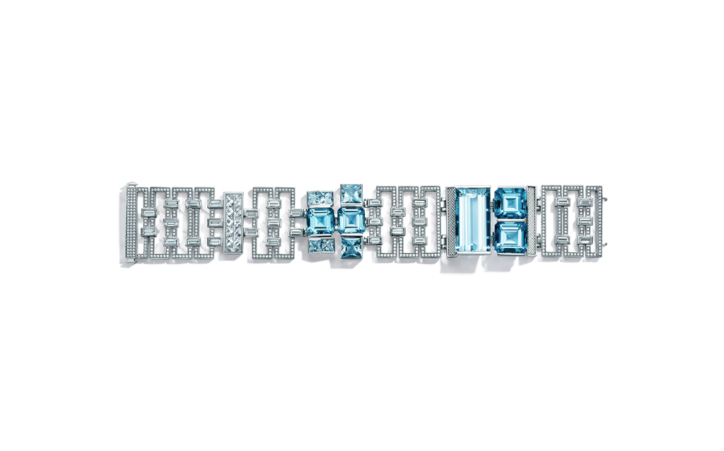 Tiffany & Co. Necklace in platinum with mixed-cut aquamarines, over 26 total carats, and mixed-cut diamonds, over 26 total carats