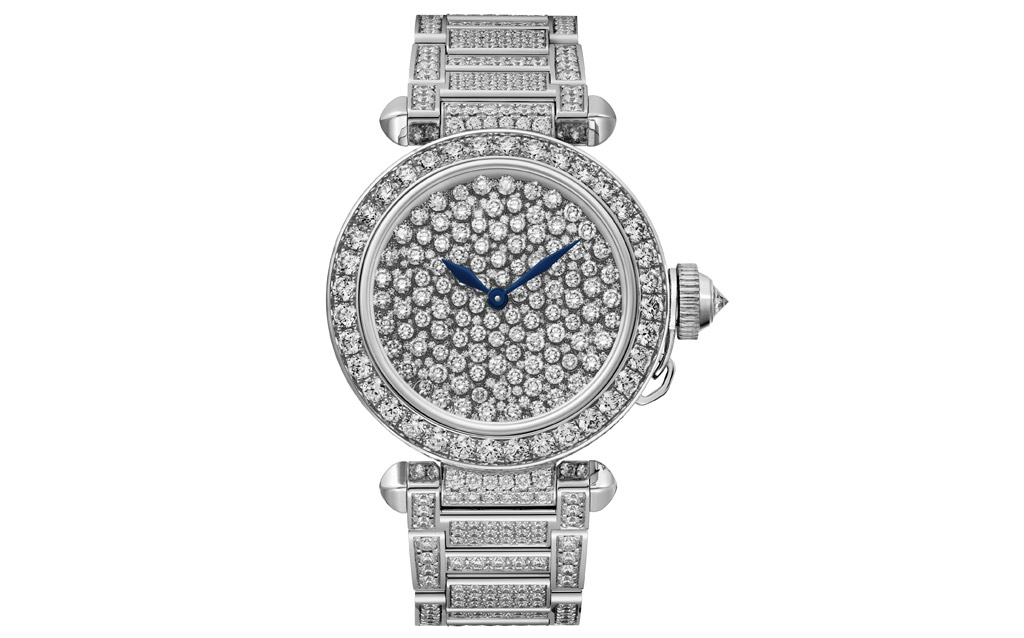 Pasha de Cartier Serti Vibrant watch, 35 mm, rhodiumized white gold, diamonds